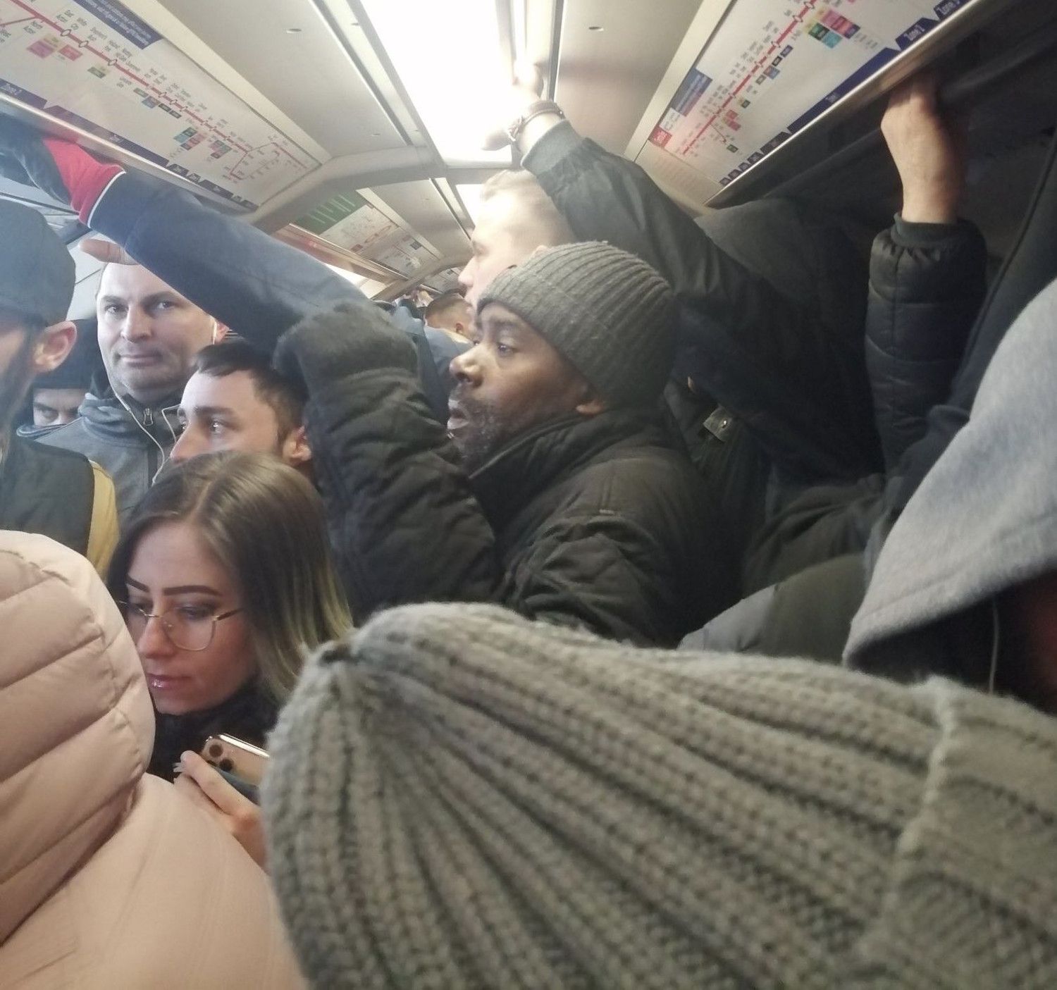 Cramped commuters in London.