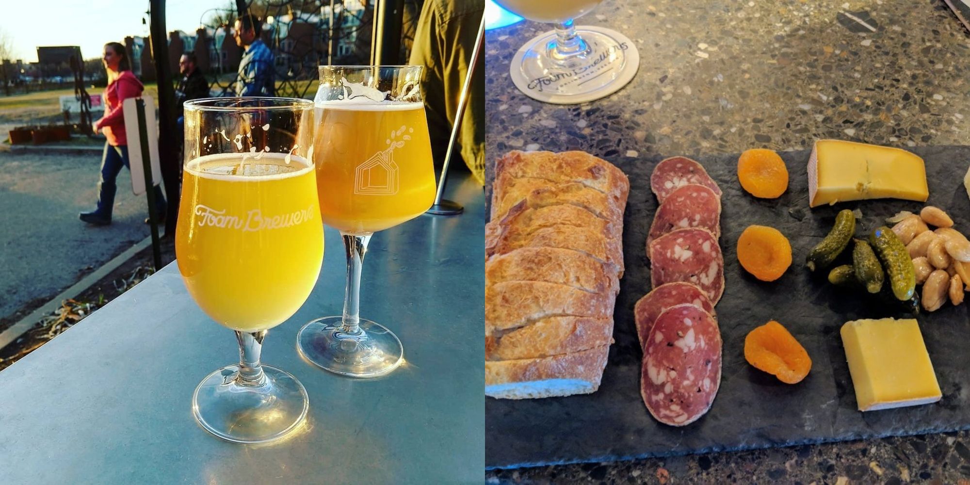 beer on table and charcuterie board