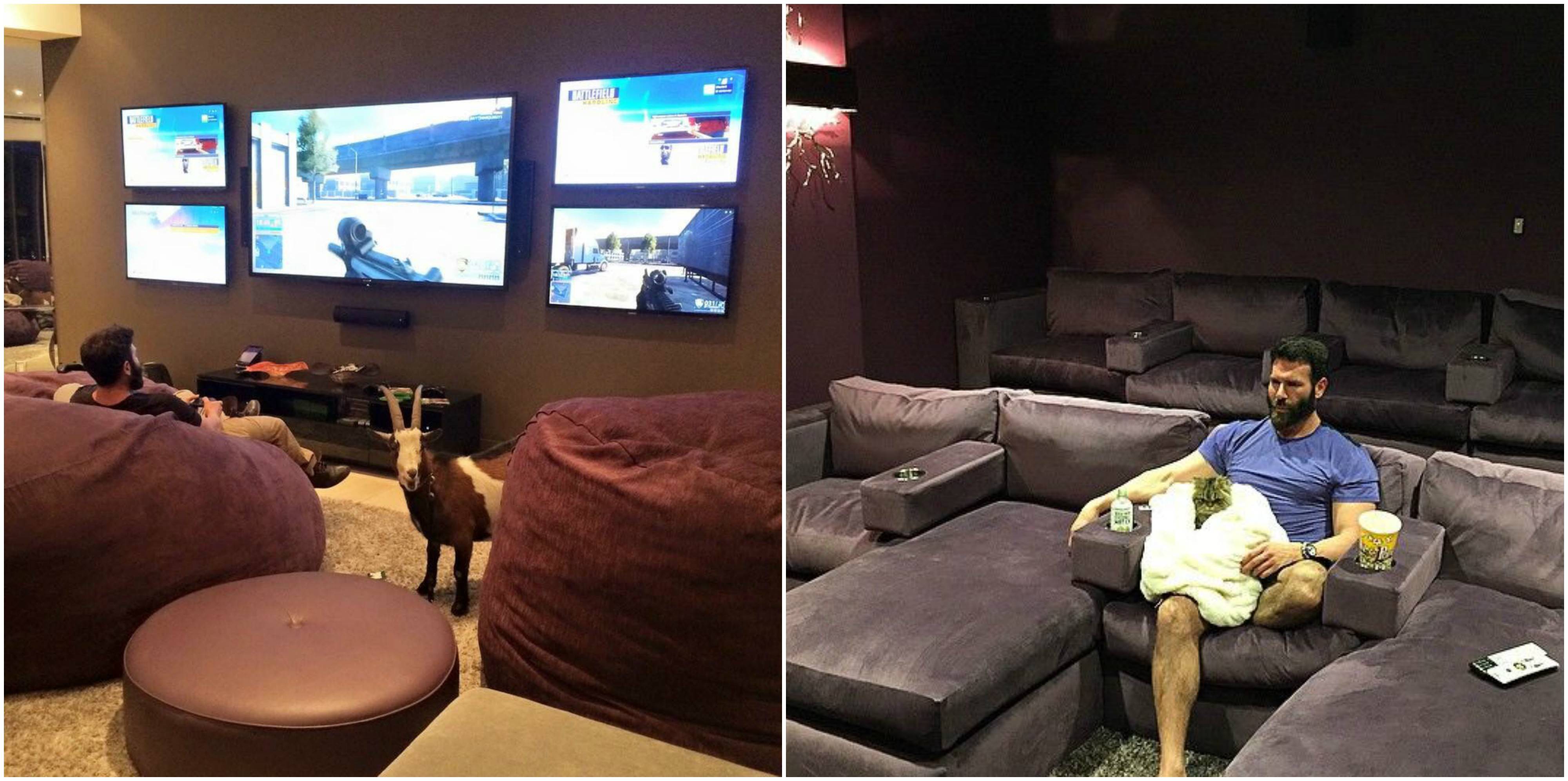 Casa di Dan Bilzerian, divano viola, sala giochi con capra a Las Vegas