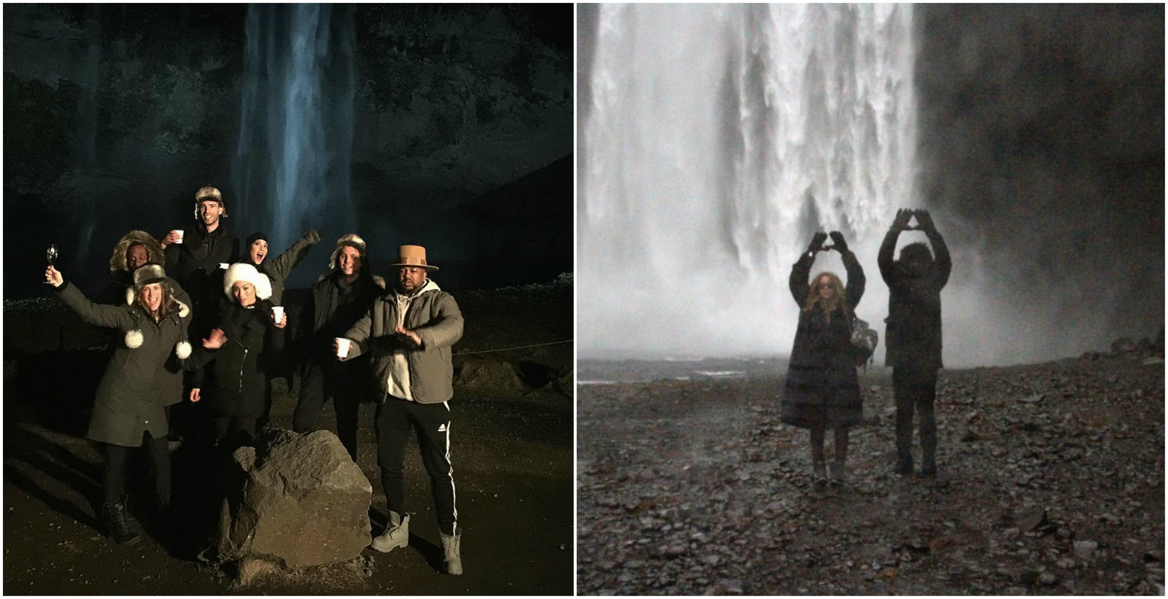 The Kardashians and Beyonce on the river waterfall in Iceland