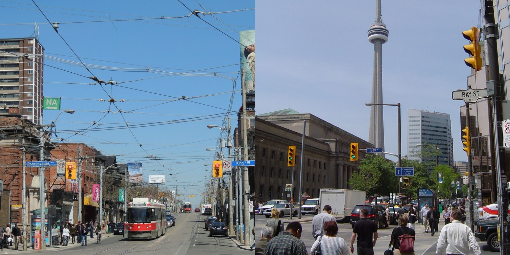 city street in toronto with streetcar and cn tower and crowd downtown toronto