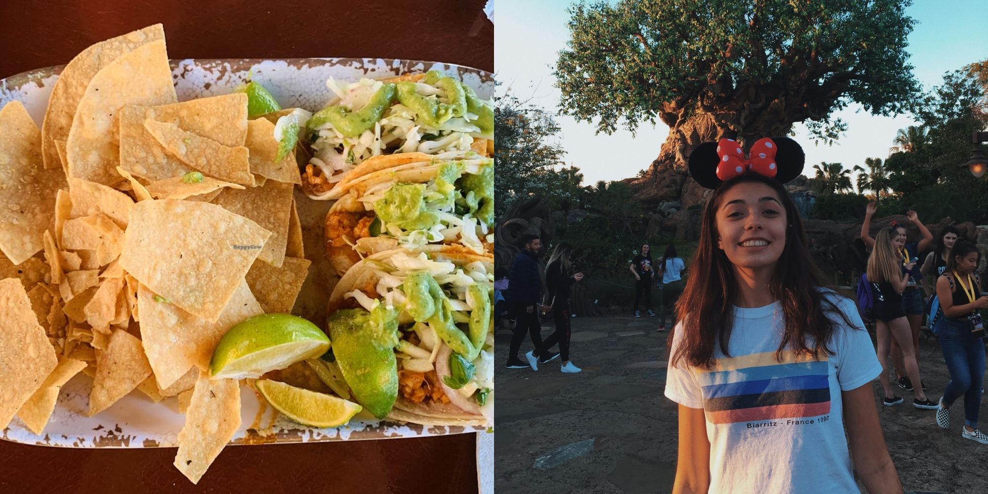 corn chips and cauliflower tacos on plate and girl wearing mickey mouse ears smiling standing outside at disneyland