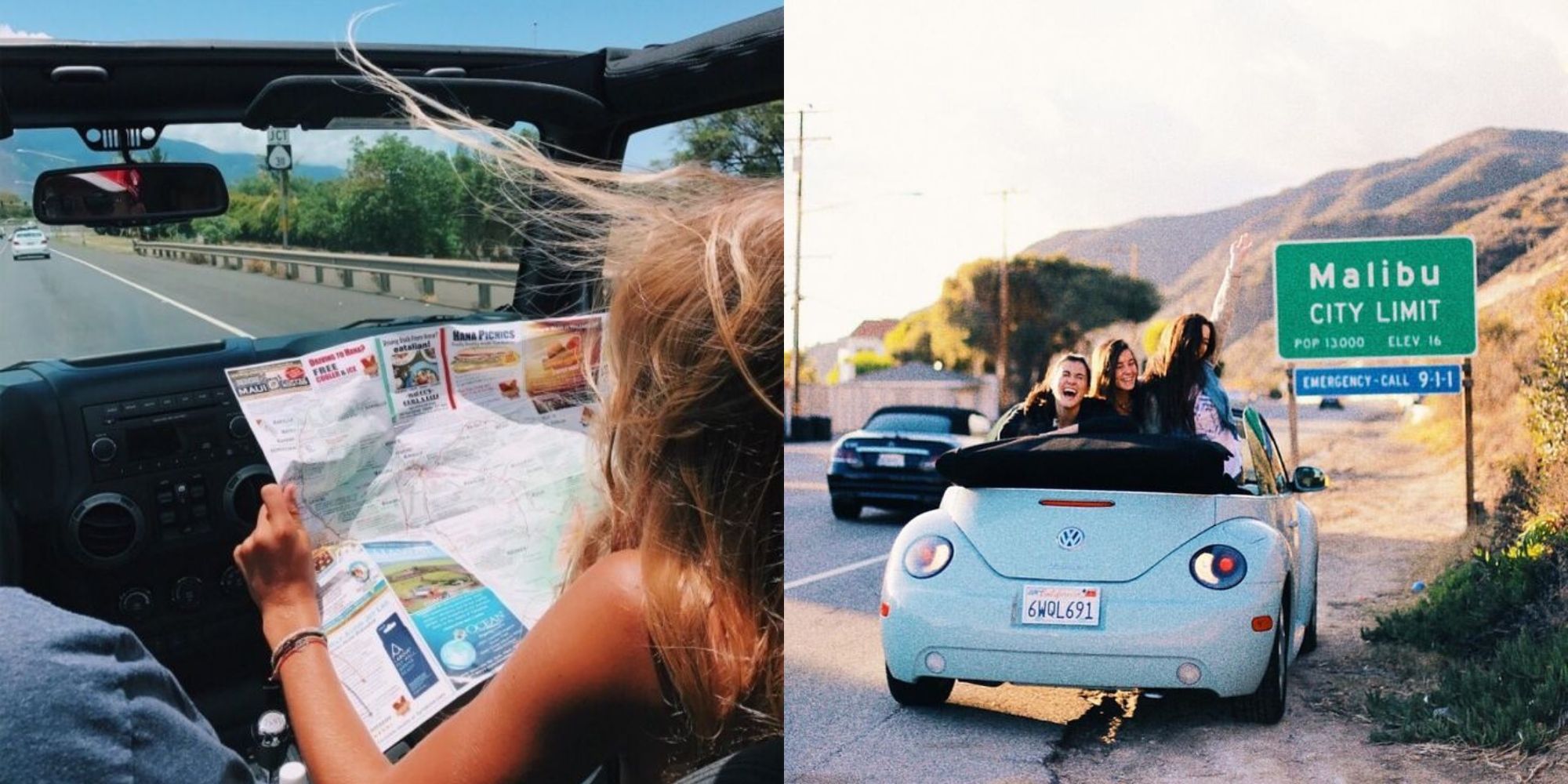 girl reading map in car and friends in car on road trip near road sign