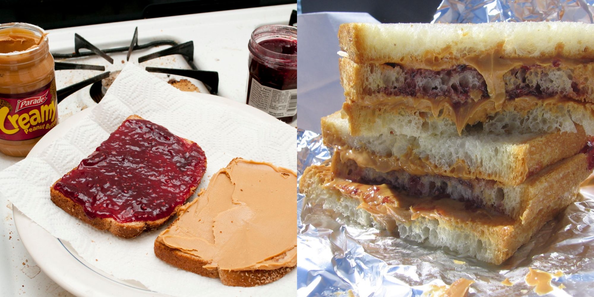 peanut butter and jelly on pieces of bread on plate next to peanut butter jar and peanut butter jelly sandwich on foil