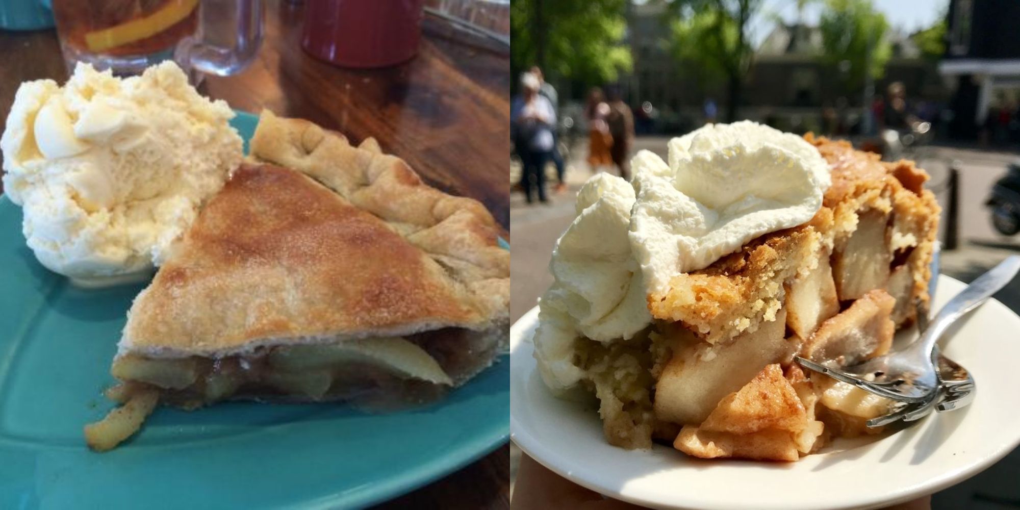 slice of apple pie with scoop of vanilla ice cream on blue plate and apple pie on white plate outside