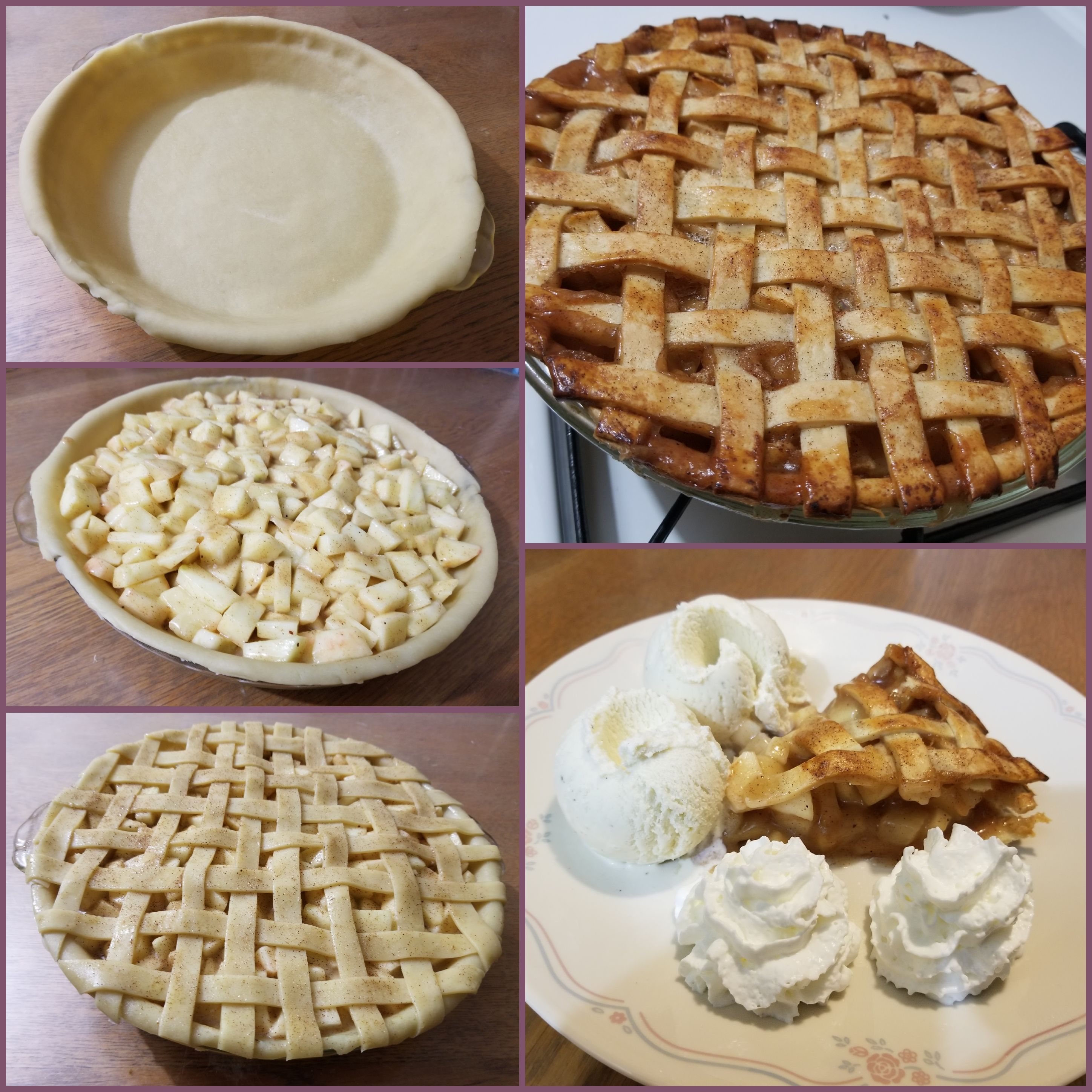 stages of making an apple pie unbaked crust baked pie slice of pie on plate