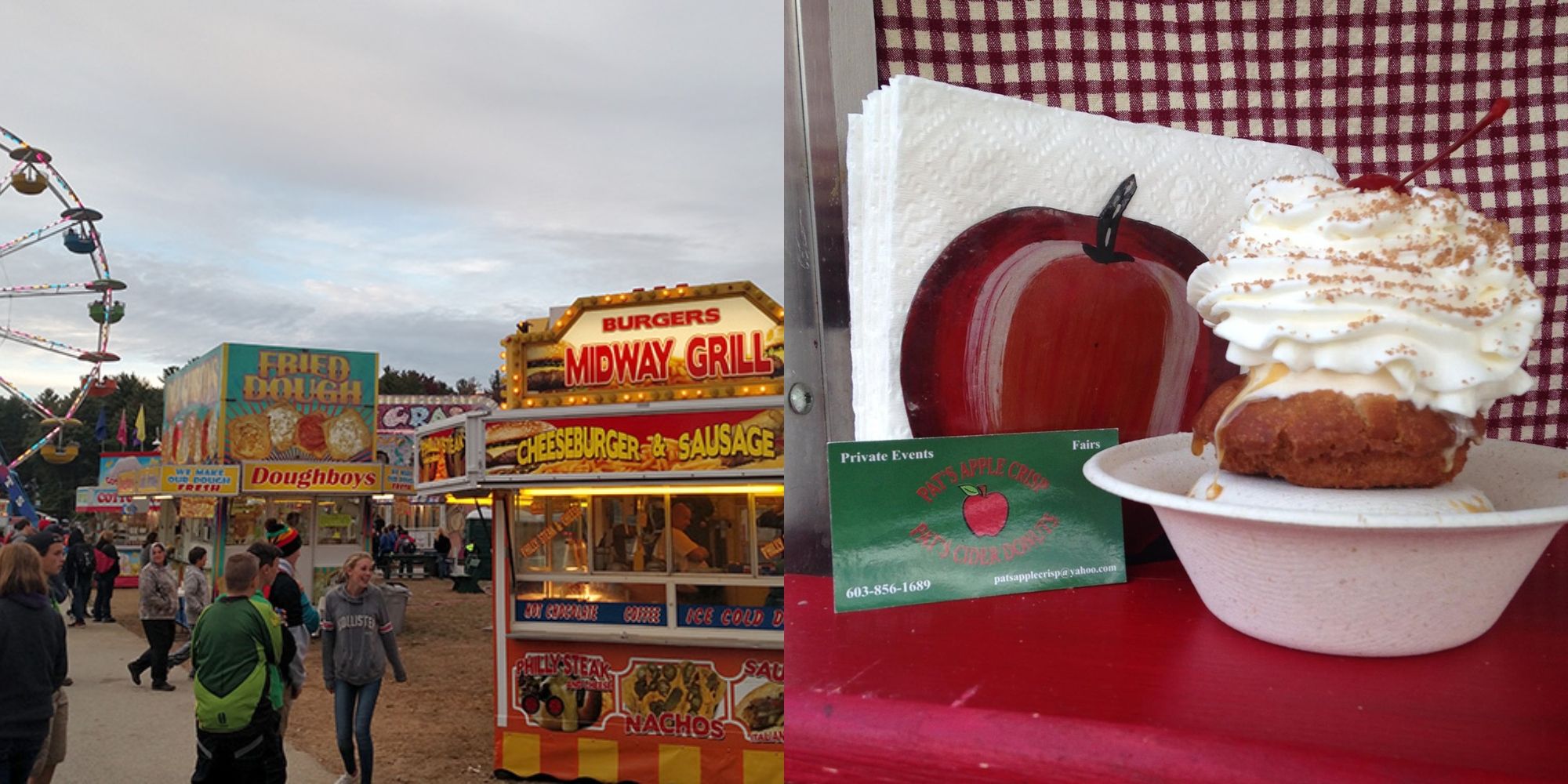 people walking around new hampshire state fair and apple cider donut in bowl with whipped cream on table