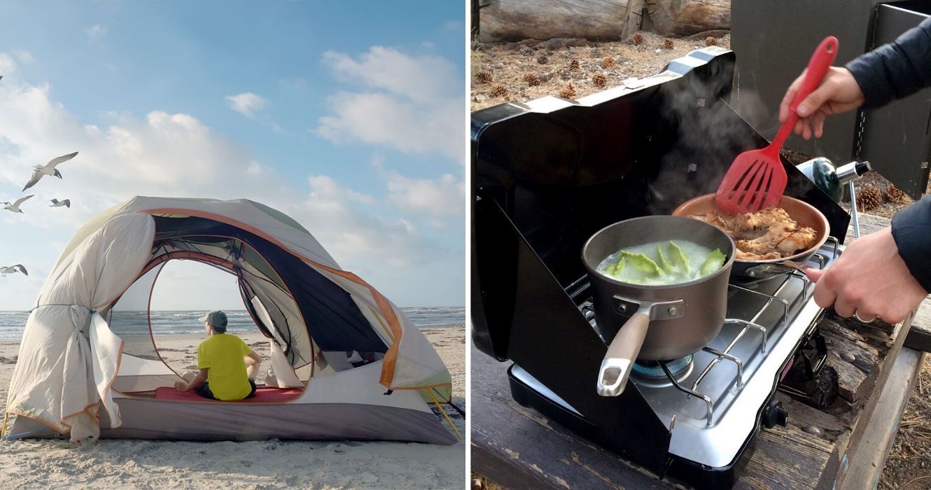 camping on the beach, grilling on a coleman stove