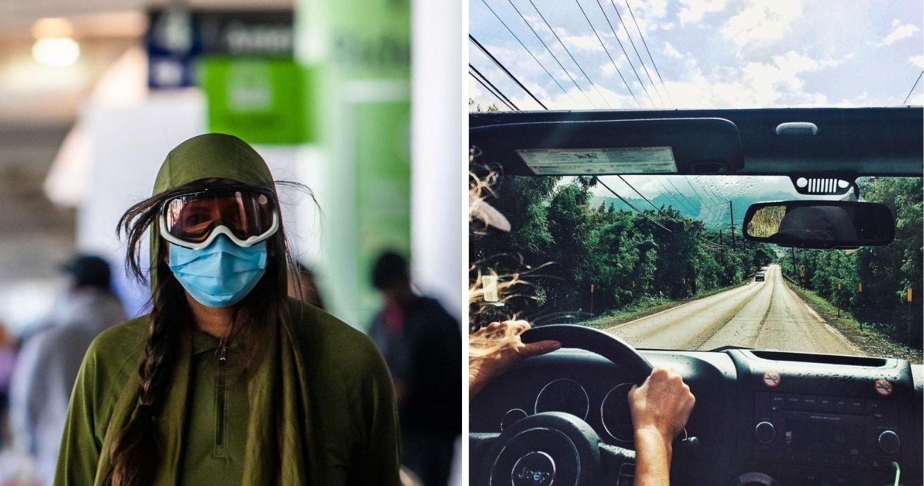 a woman wearing goggles and a mask at the airport, a man on a road trip