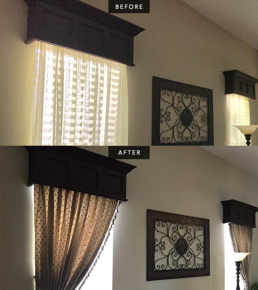 a before and after of curtains