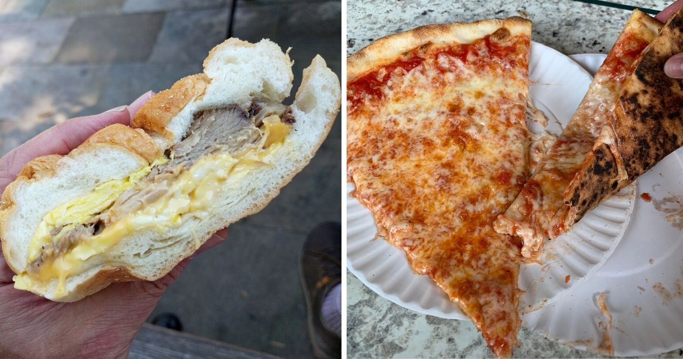 an egg sandwich and a slice of pizza from NYC
