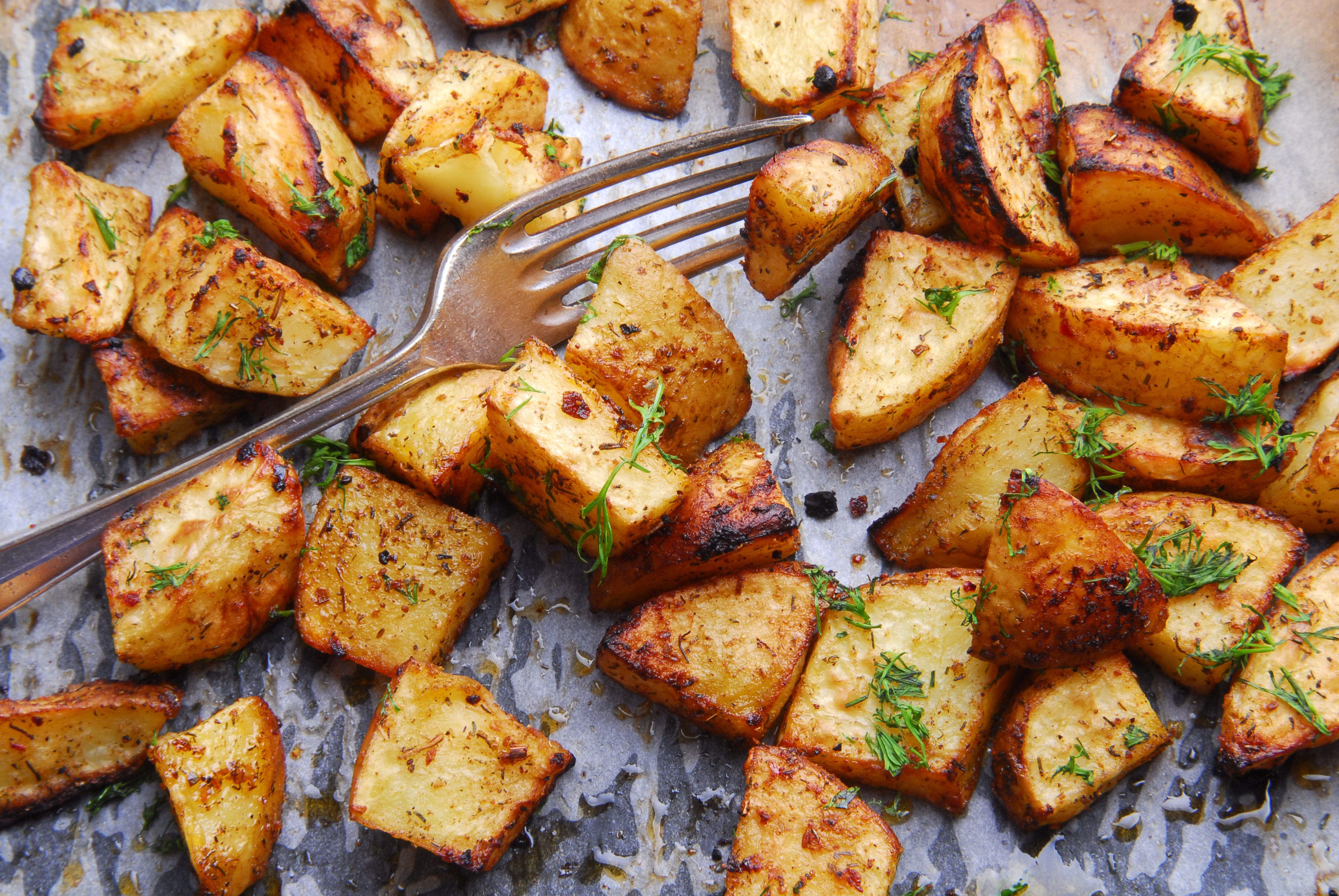 a pan of roasted potatoes