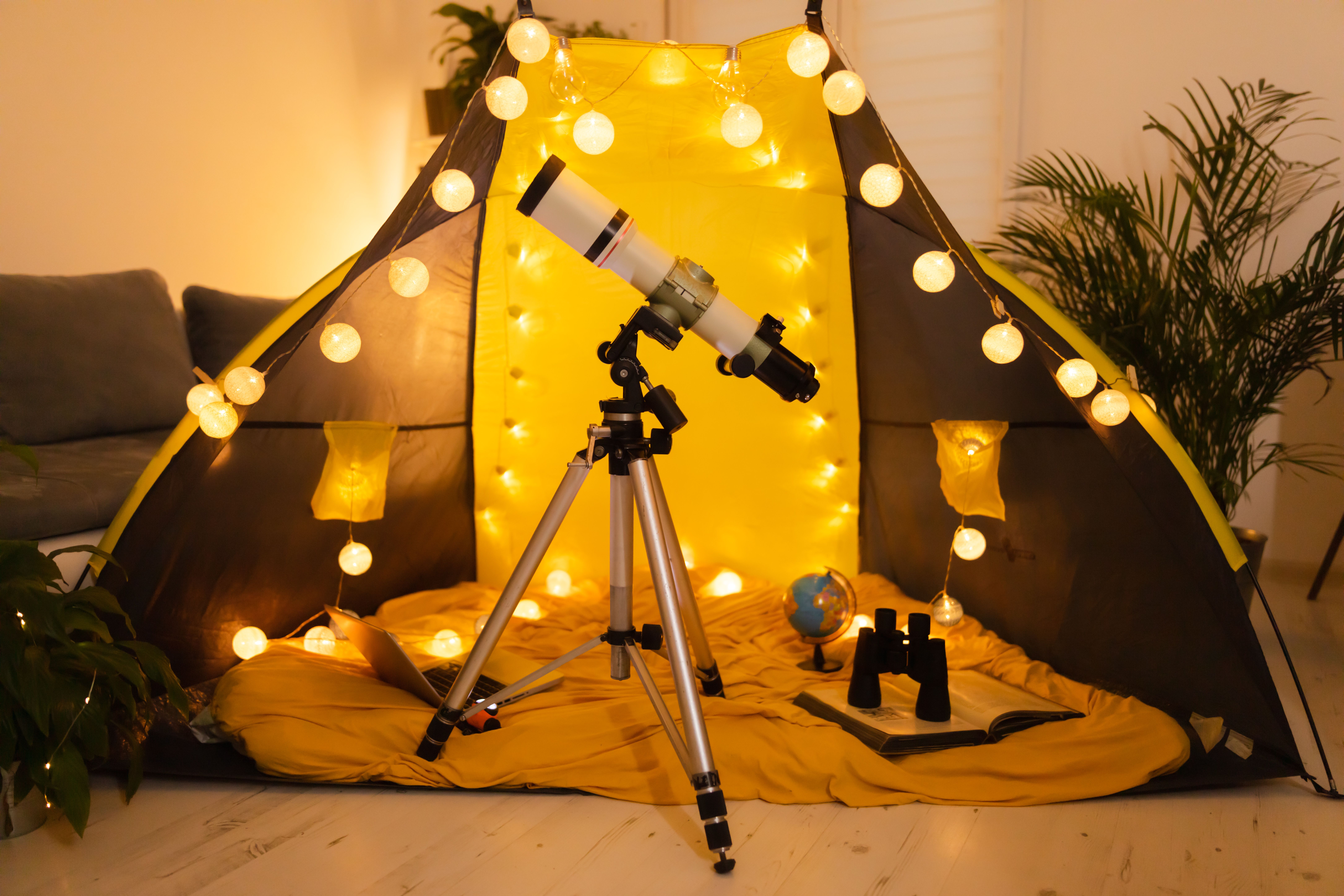 a living room tent with lights