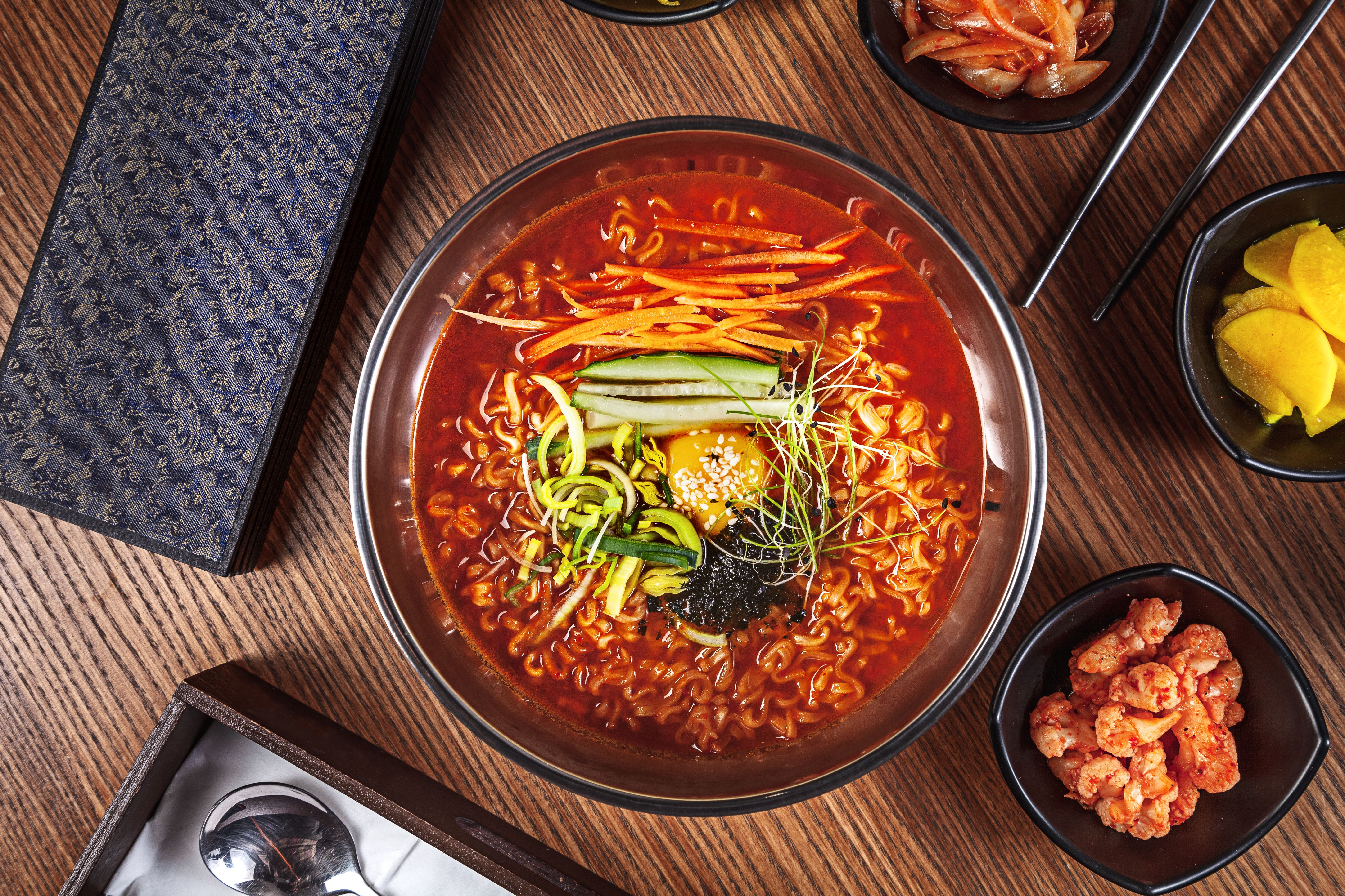 Top View of Traditional Ramen Soup With Kimchi