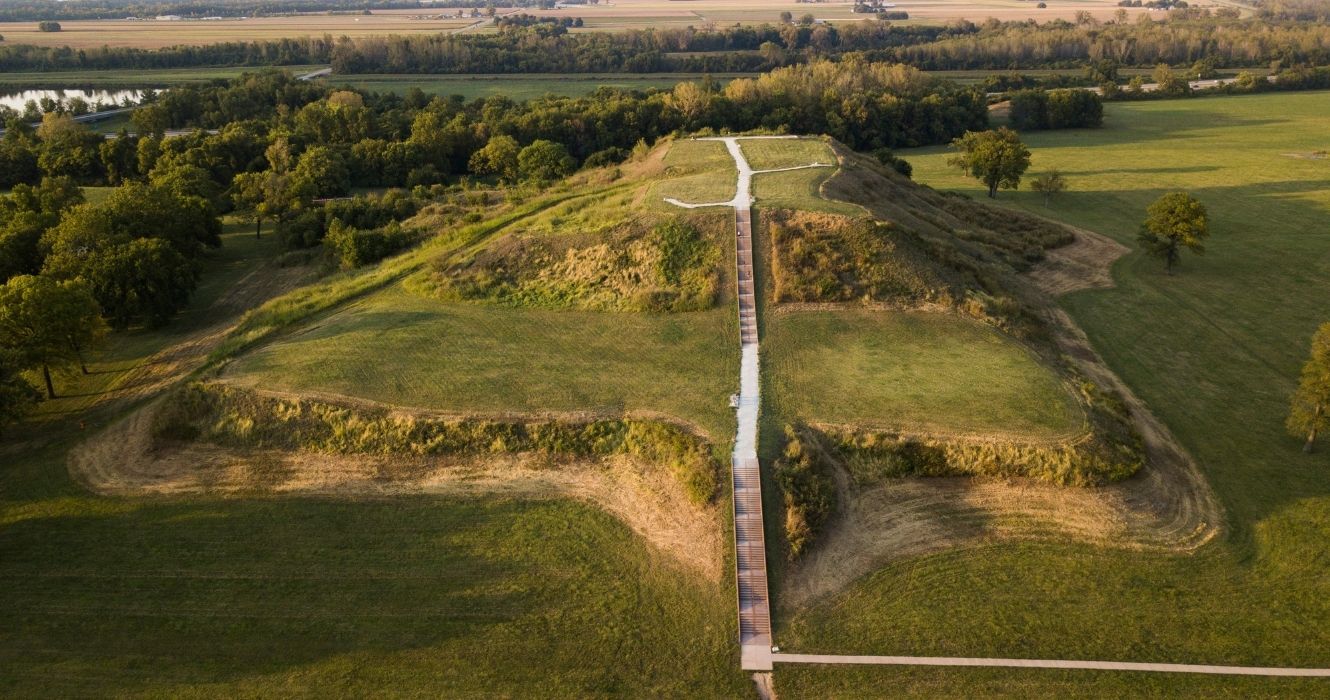 An aerial view of Cahokia Mounds