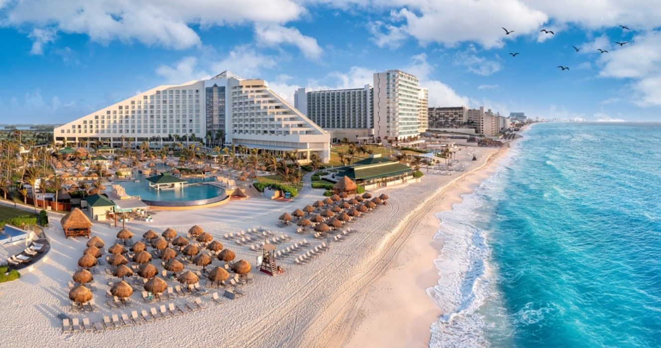 Aerial view of Cancun beach and beachfront resorts, Mexico