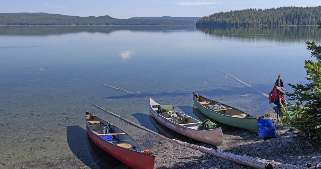Canoes on Shoshone Lake in Yellowstone National Park in Wyoming