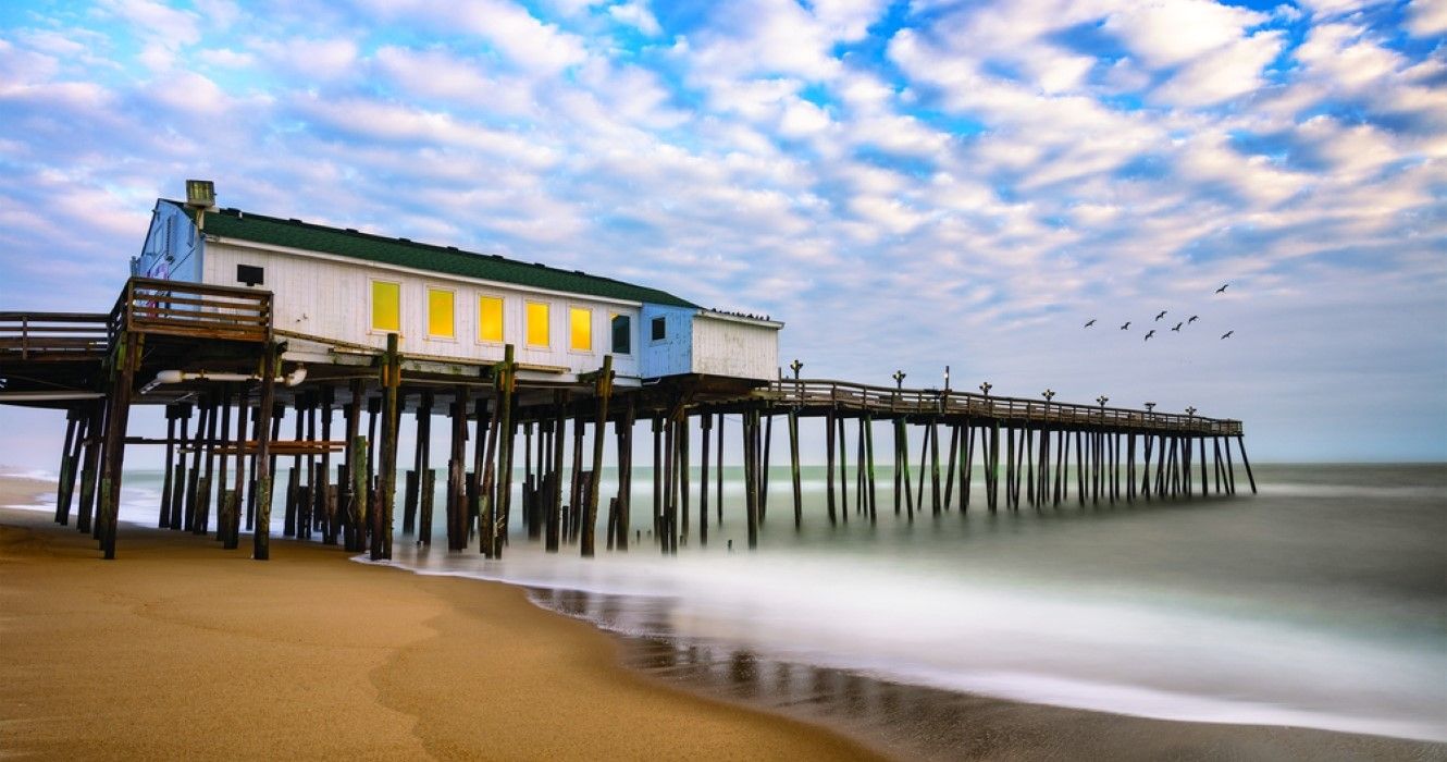 Kitty Hawk fishing pier under a cloudy sky along North Carolina's Outer Banks