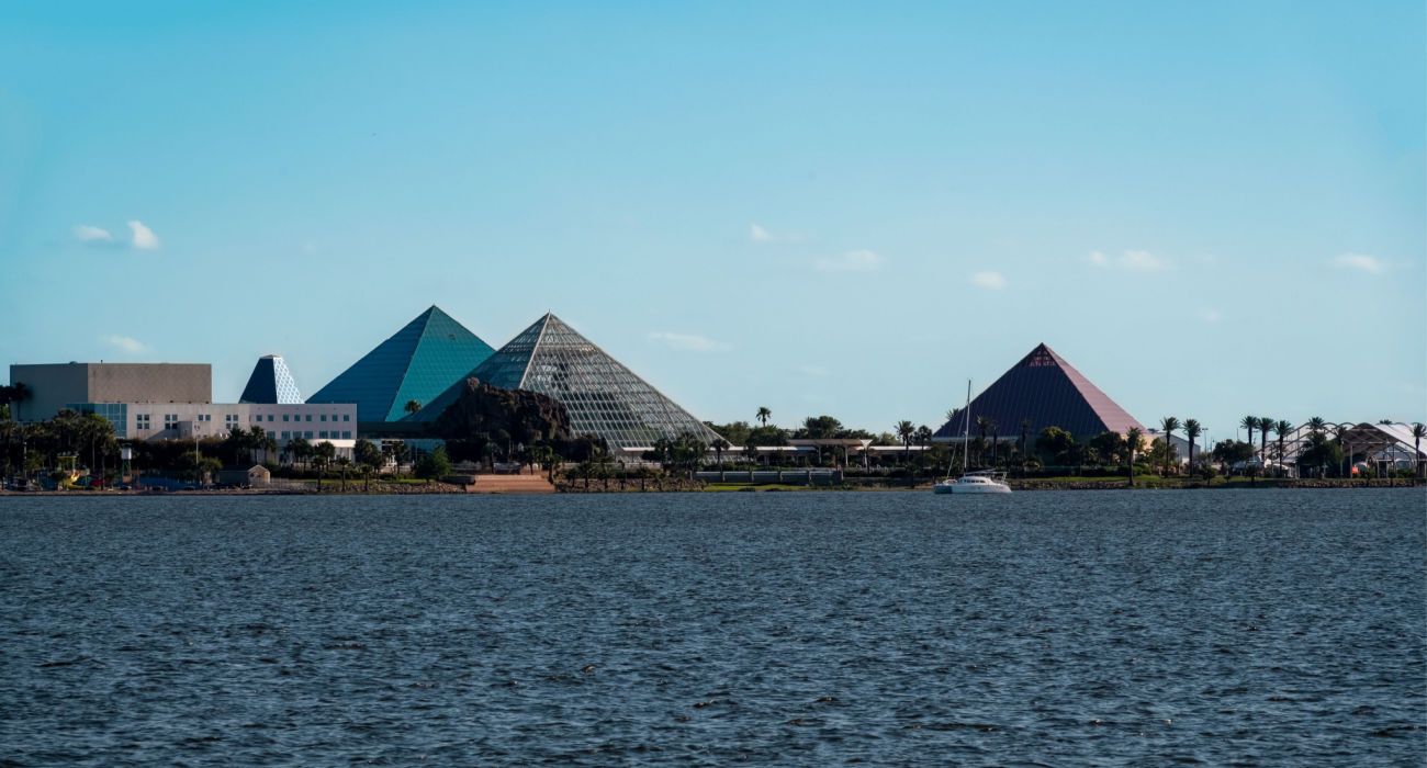 Moody Gardens Pyramids across Offatt's Bayou in Galveston Texas