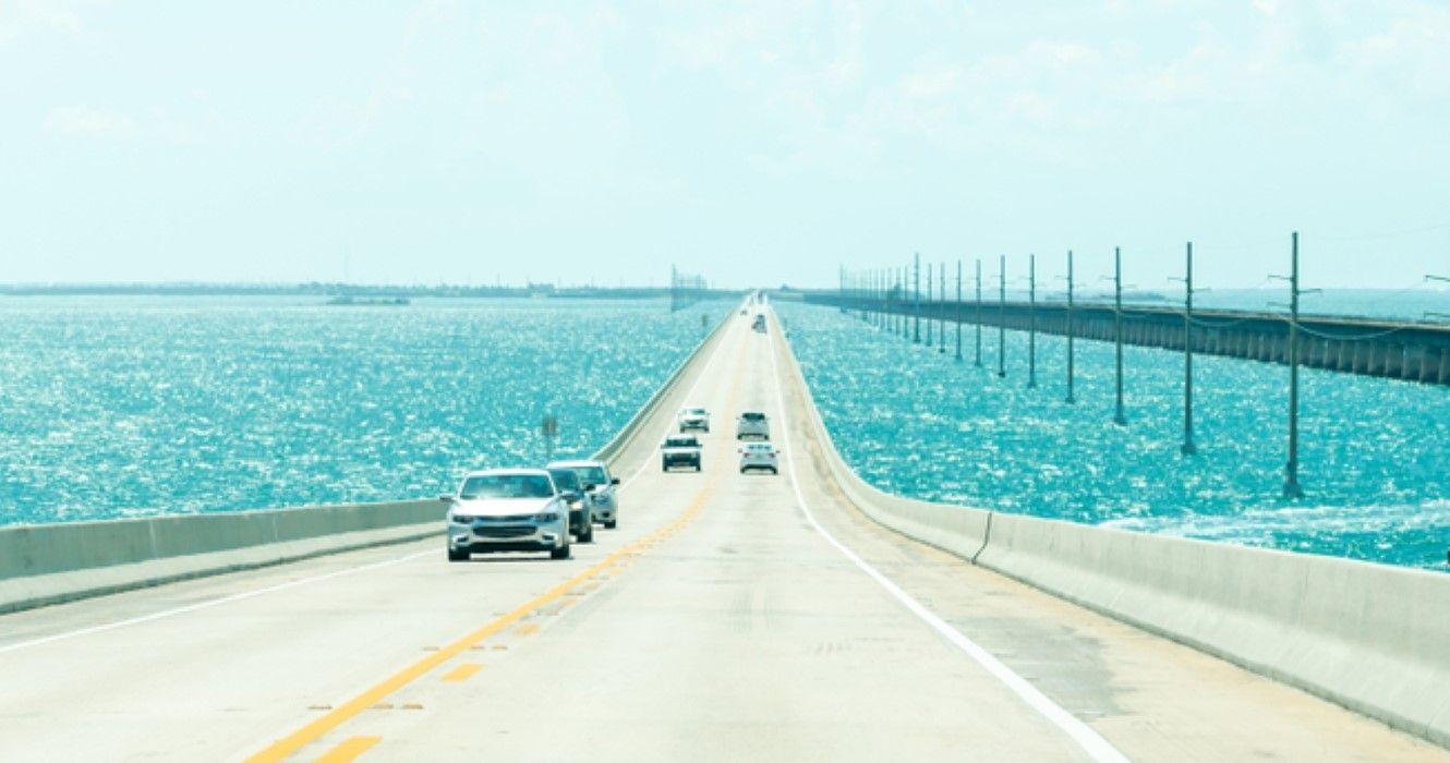 Panorama of Road US1 to Key West over Florida keys