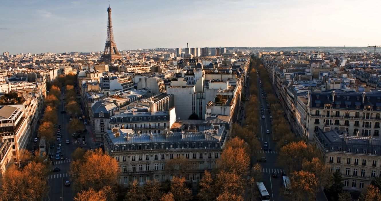 An aerial shot of Paris featuring the city's most famous streets and landmarks