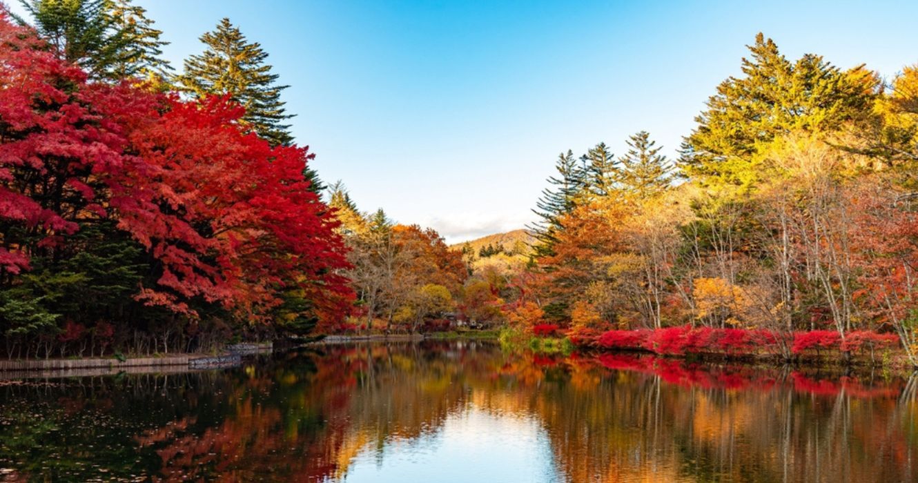 Fall foliage and a lake in Karuizawa, Nagano Prefecture, Japan
