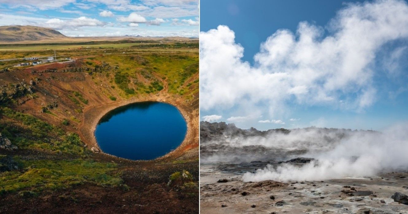 Kerið, a volcanic crater lake on Iceland's Golden Circle route vs Hverir Myvatn geothermal area on Diamond Circle route