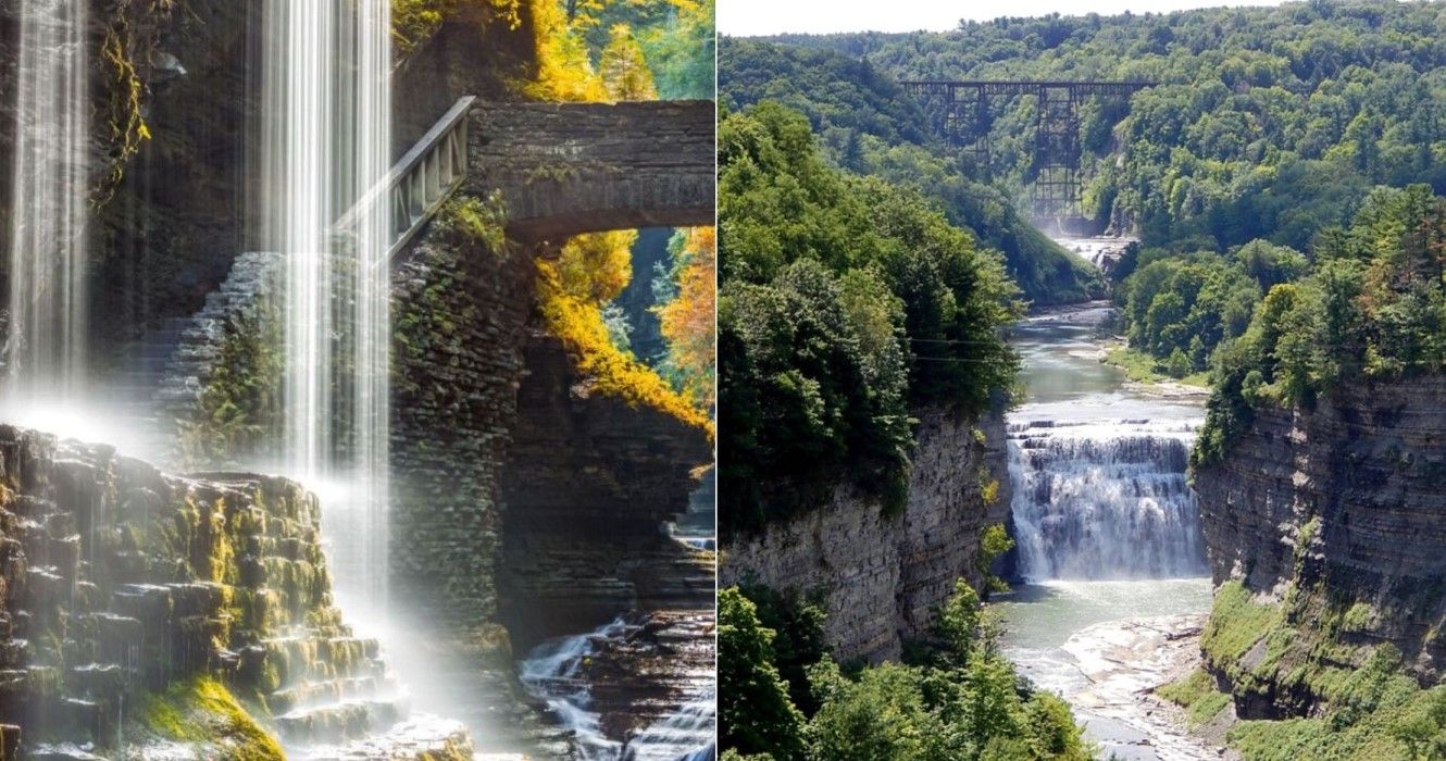 Watkins Glen State Park waterfall canyon in Upstate New York vs Genesee River at Letchwork State Park