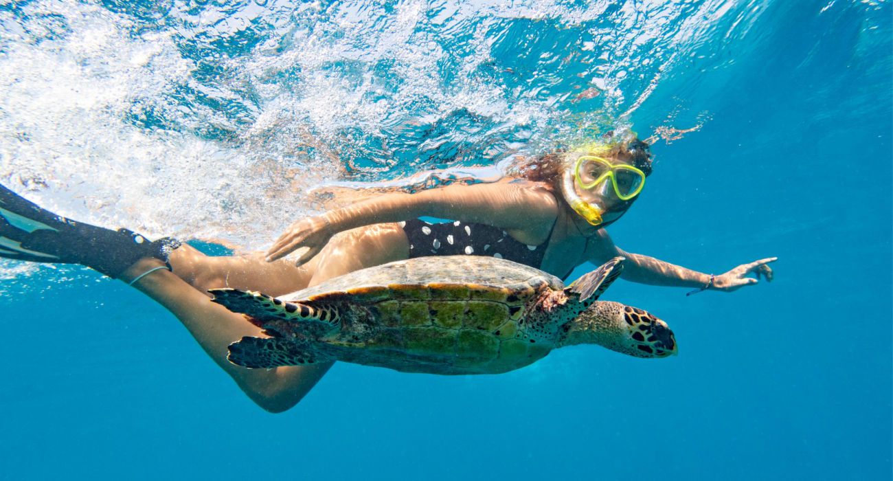 Woman snorkeling with a sea turtle