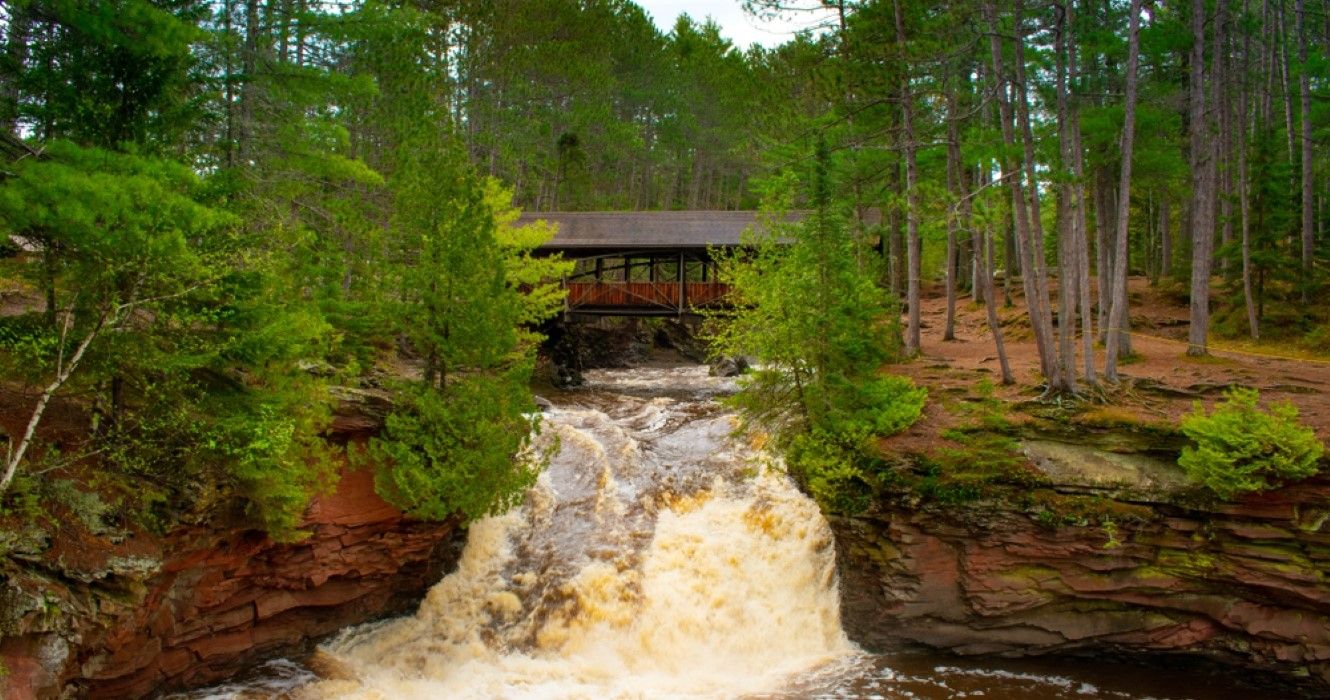Bridge over the waterfall at the Amnicon Falls State park in Northern Wisconsin