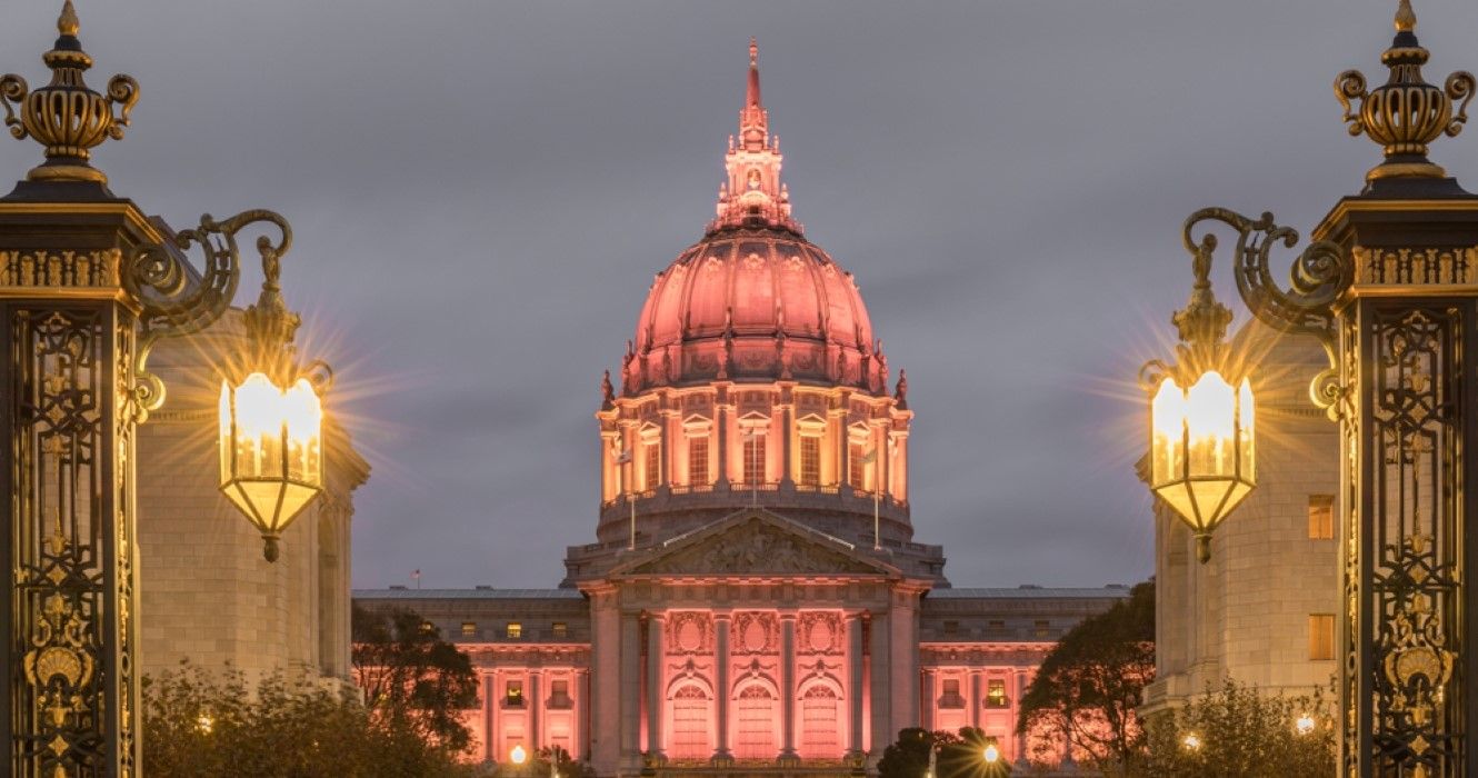 San Francisco City Hall illuminated in Amber in Thanksgiving Eve