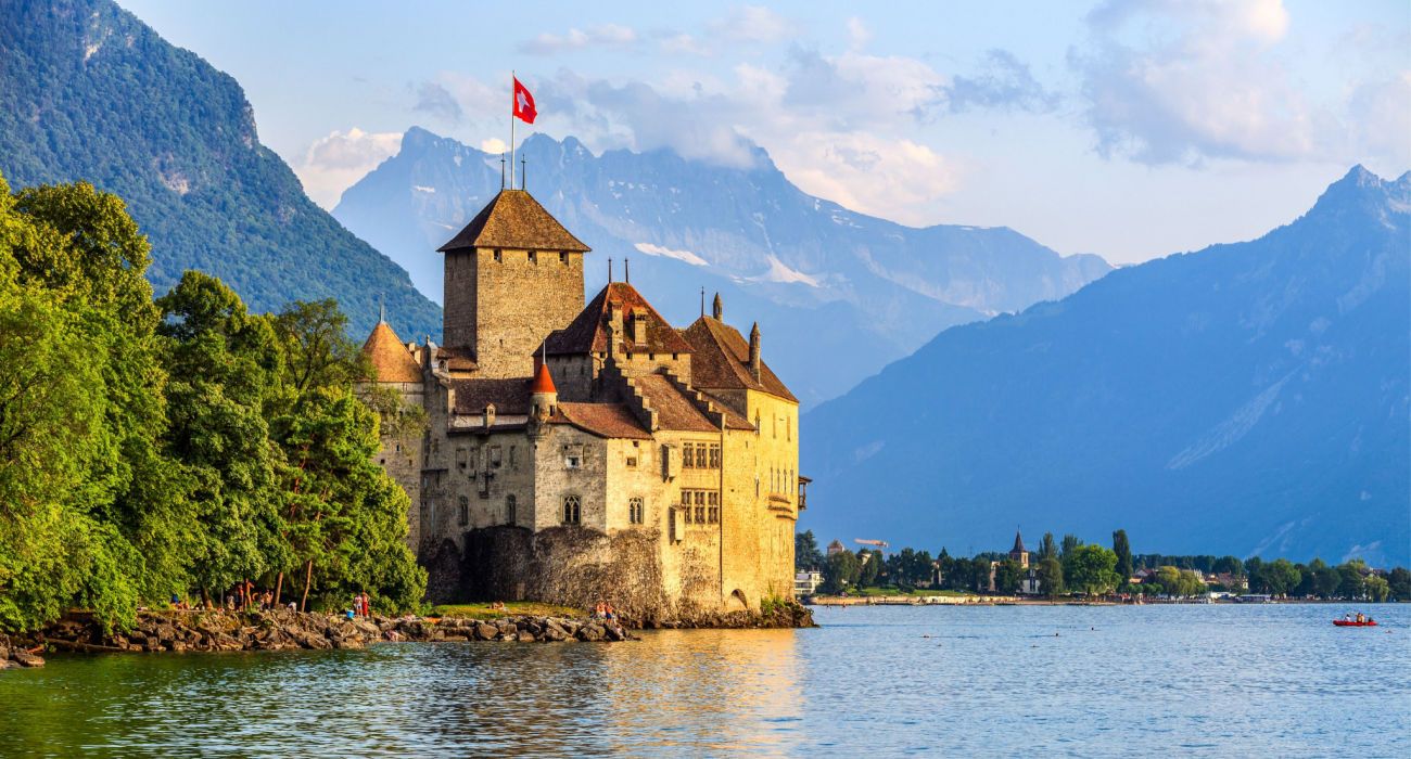 Sunset of Chillon Castle at Geneva lake, Switzerland