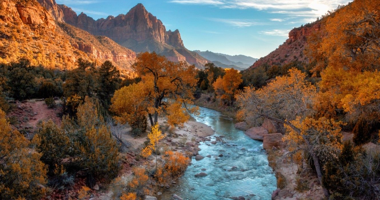 Watchman mountain and the virgin river in Zion National Park, Utah