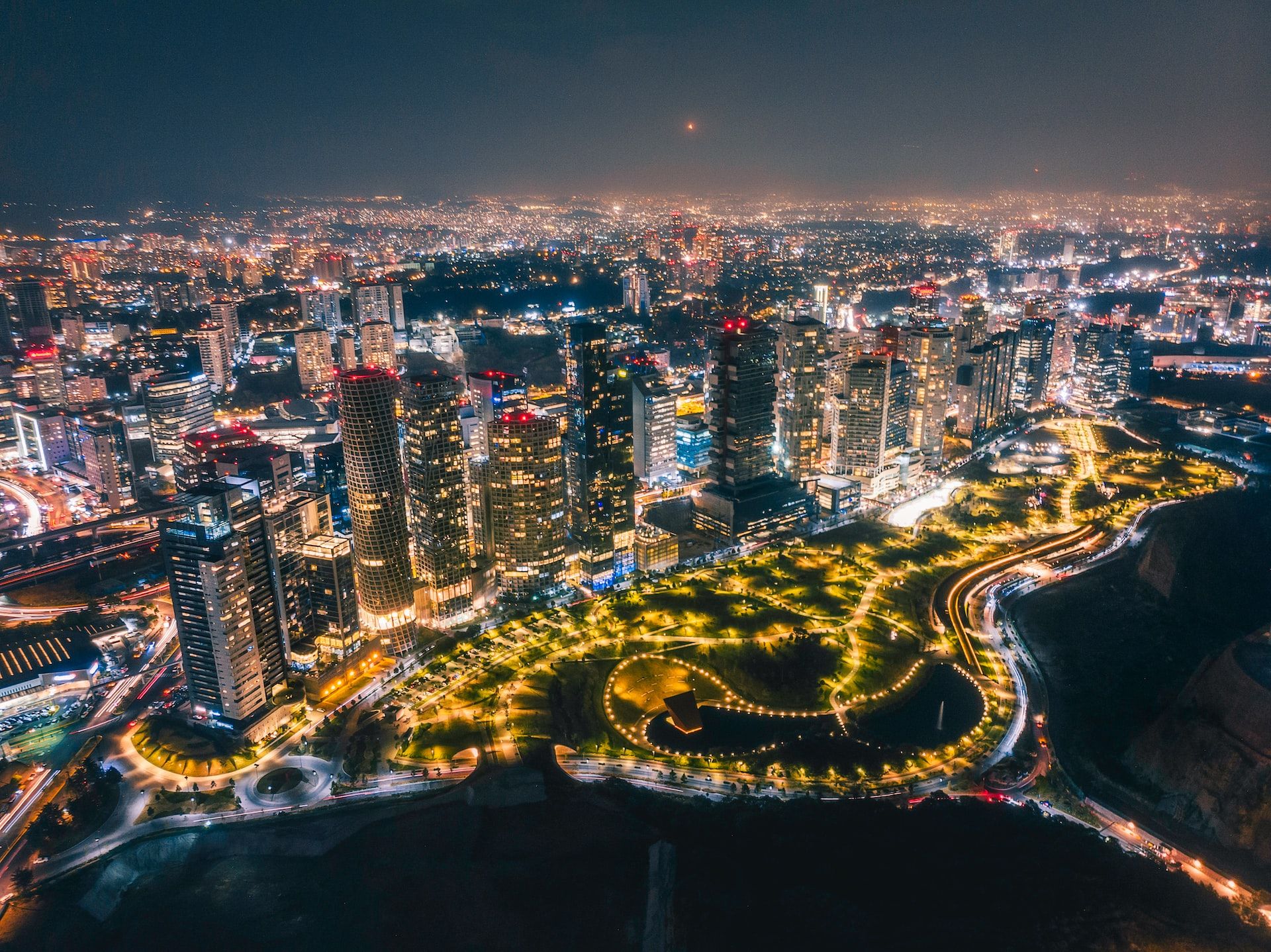 Aerial nighttime view of CDMX