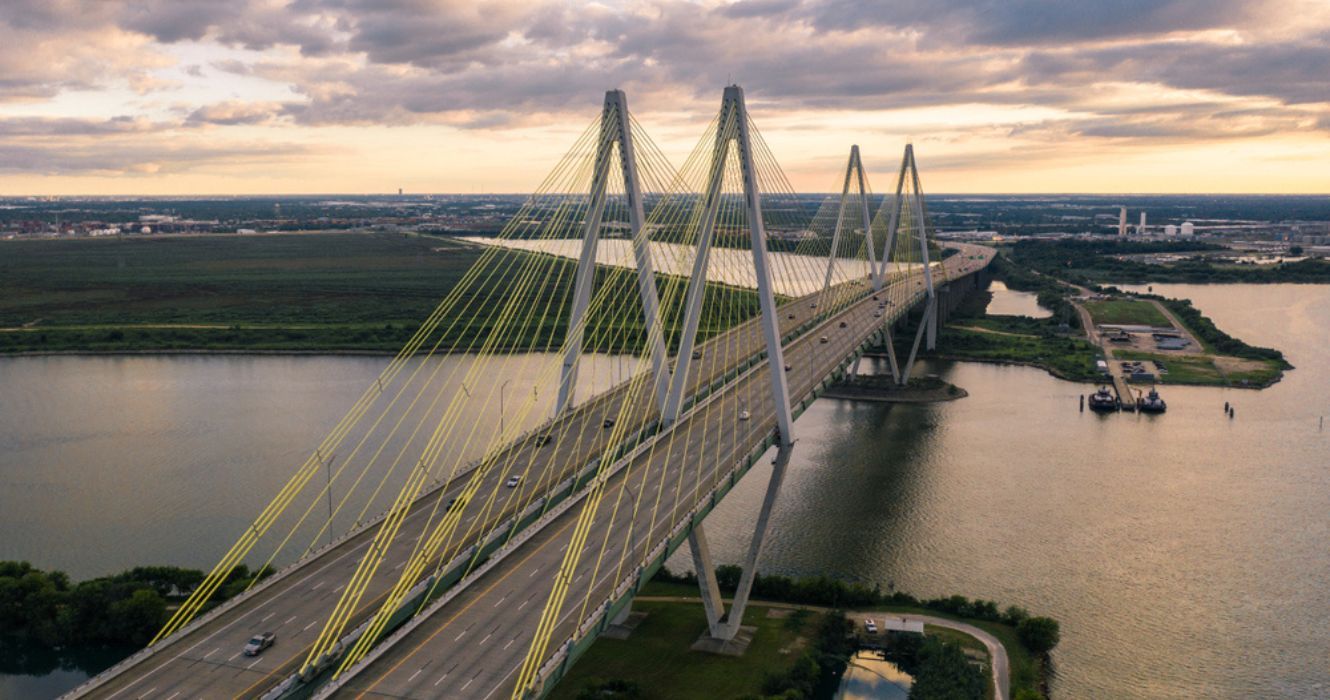 Aerial view of Fred Hartman Suspension Bridge in Baytown, Texas