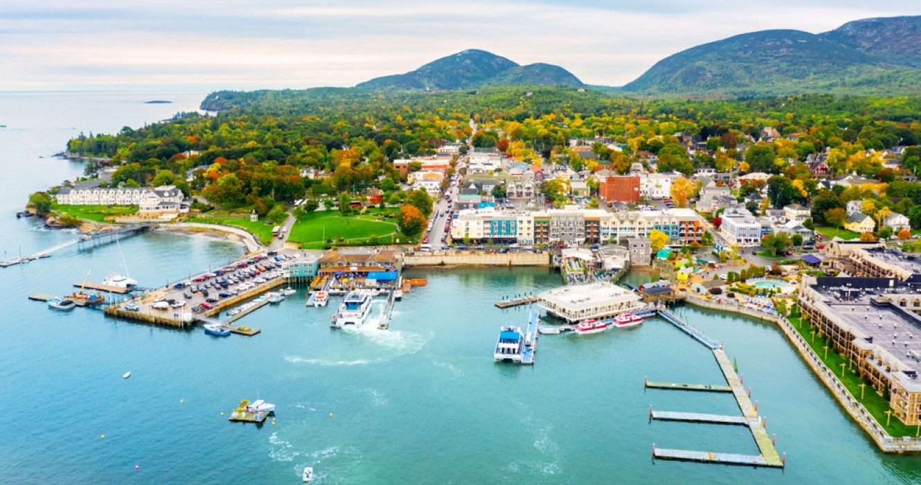 Aerial view of Bar Harbor during the fall, Maine 
