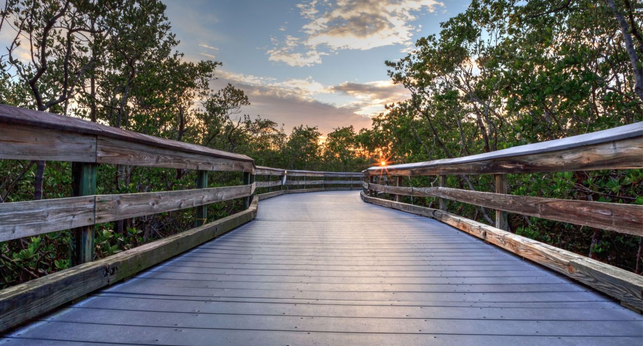 Clam Pass boardwalk that travels over the riverway and marsh estuary