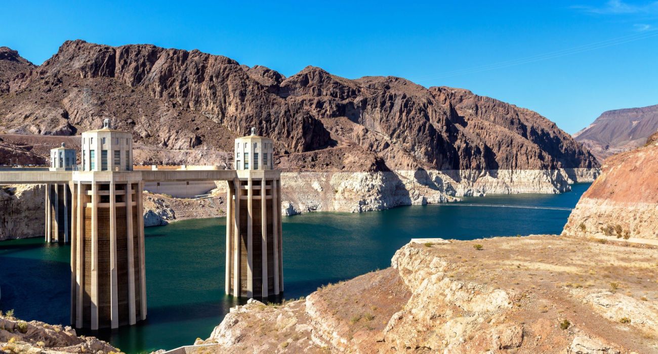 Hoover Dam and penstock towers in Colorado River