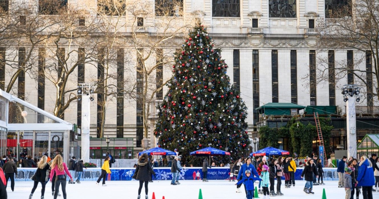 Ice skating in the Bryant Park rink during the festive season in New York City