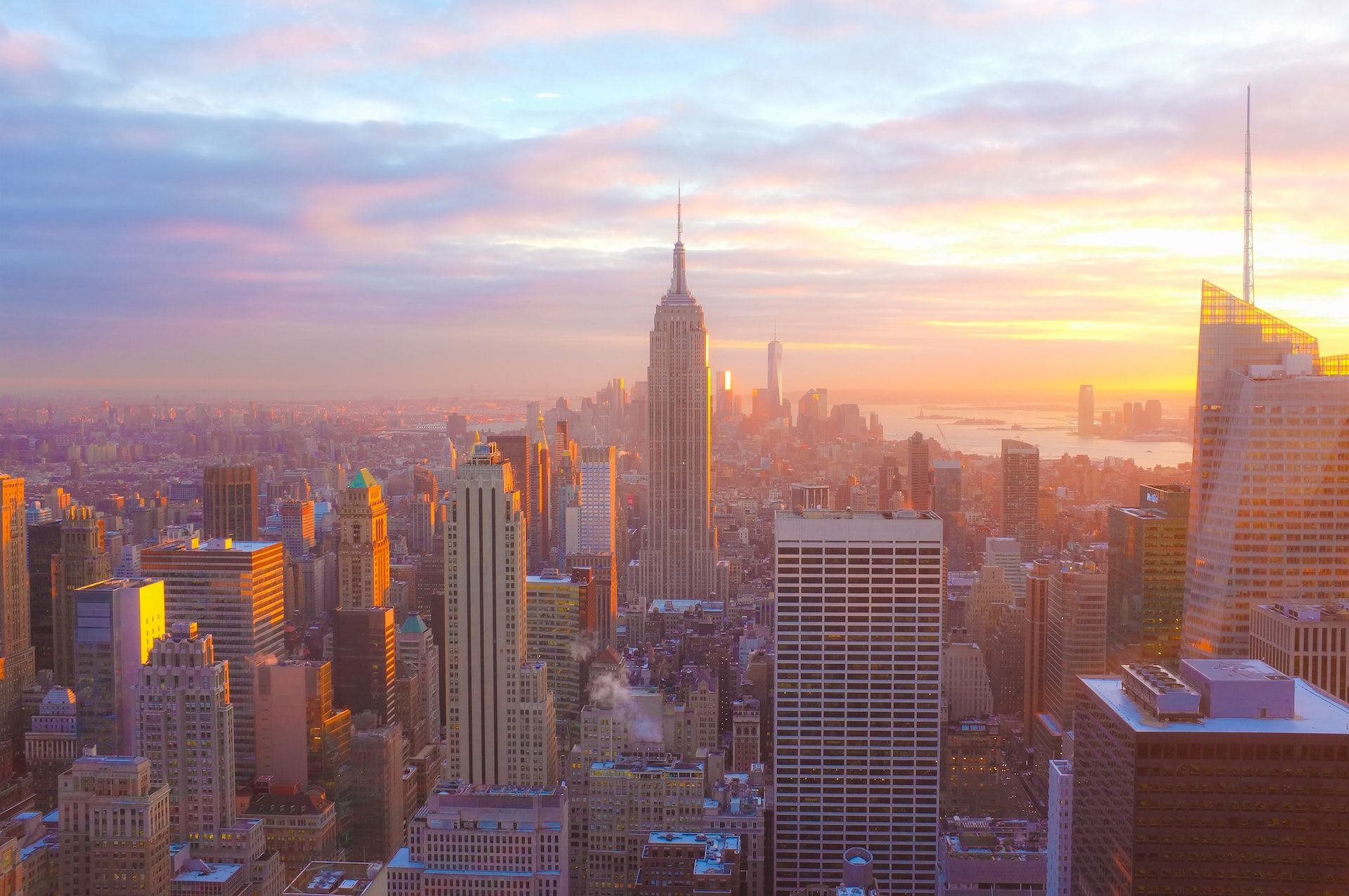 New York City buildings and sunset