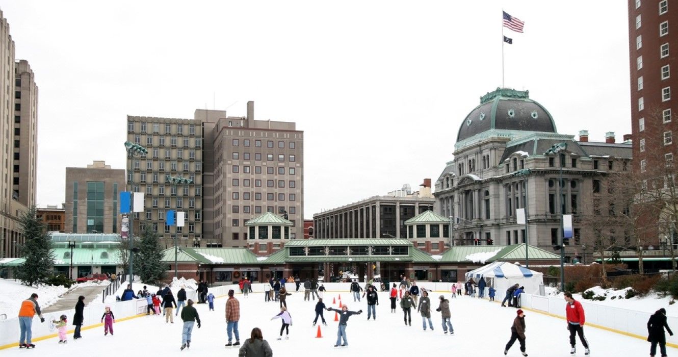 Public skating rink with ice skaters in Providence, Rhode Island