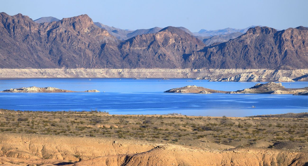 Sapphire blue Lake Mead in the barren desert