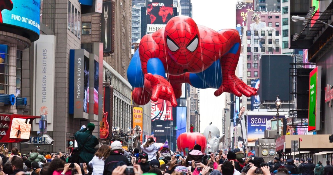 Spider Man character balloon passes Times Square at the Macy's Thanksgiving Day Parade in Manhattan