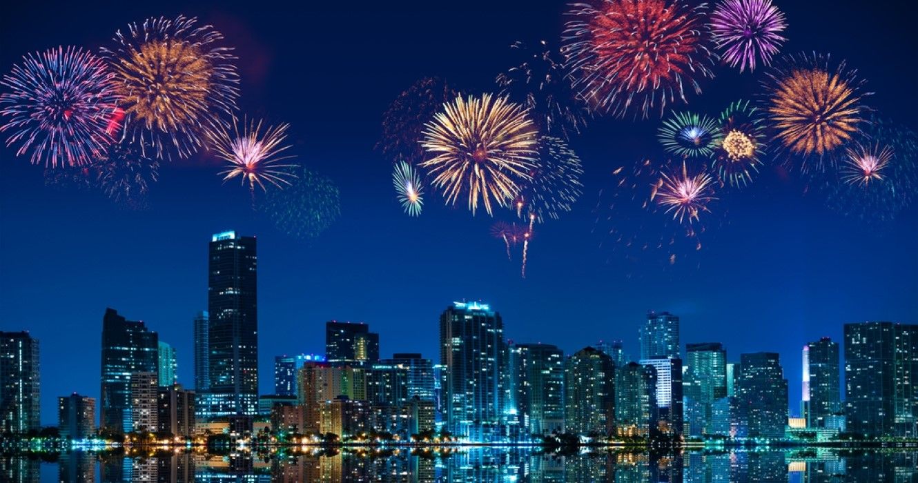 Big fireworks over the skyline of downtown Miami, Florida