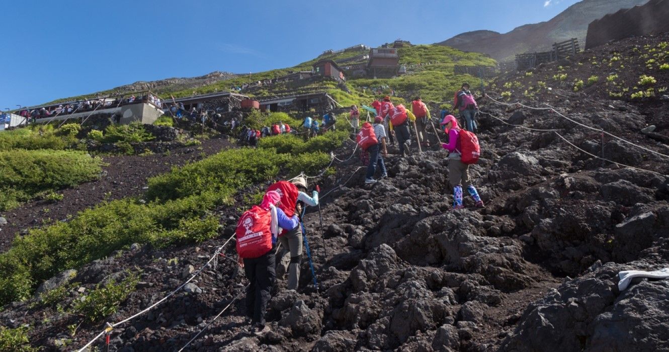 Climbing to the summit of Mount Fuji in Chubu region, Honshu, Japan