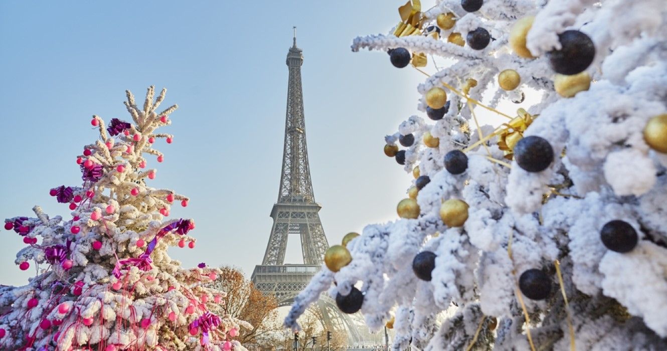Decorated Christmas trees near Eiffel Tower, Paris
