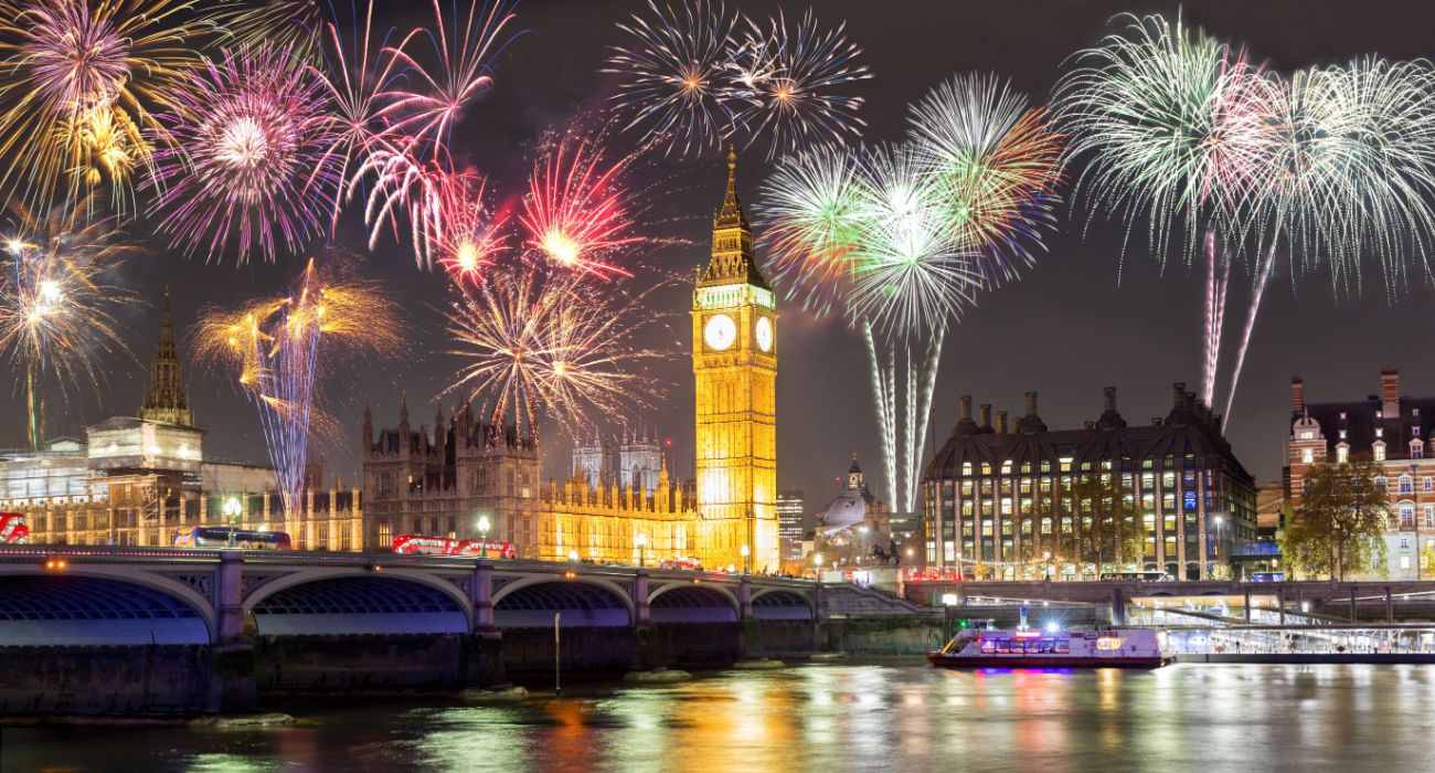 Fireworks At Big Ben and Westminster Bridge in London