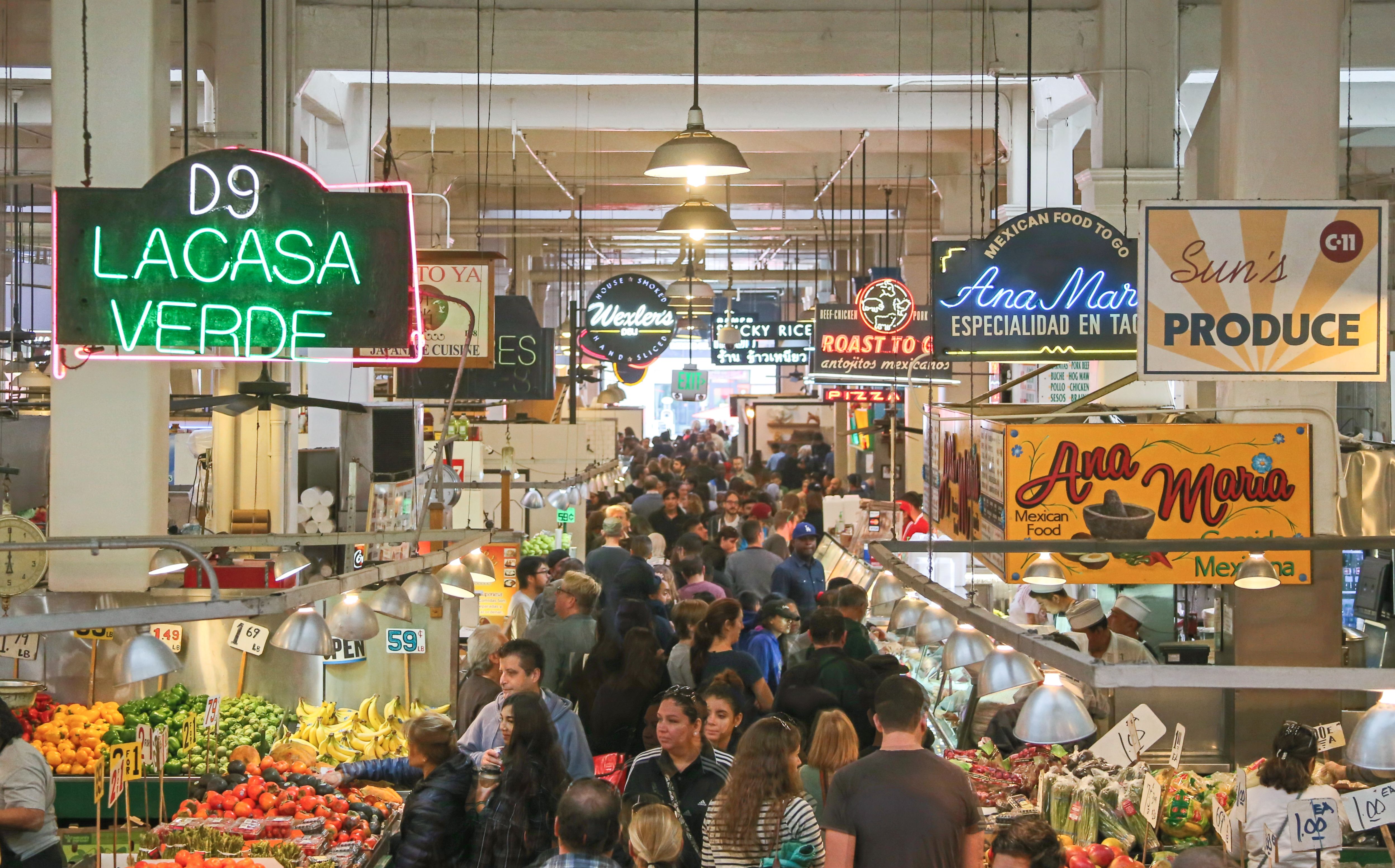 The busy food and grocery stalls of Grand Central Market in Los Angeles