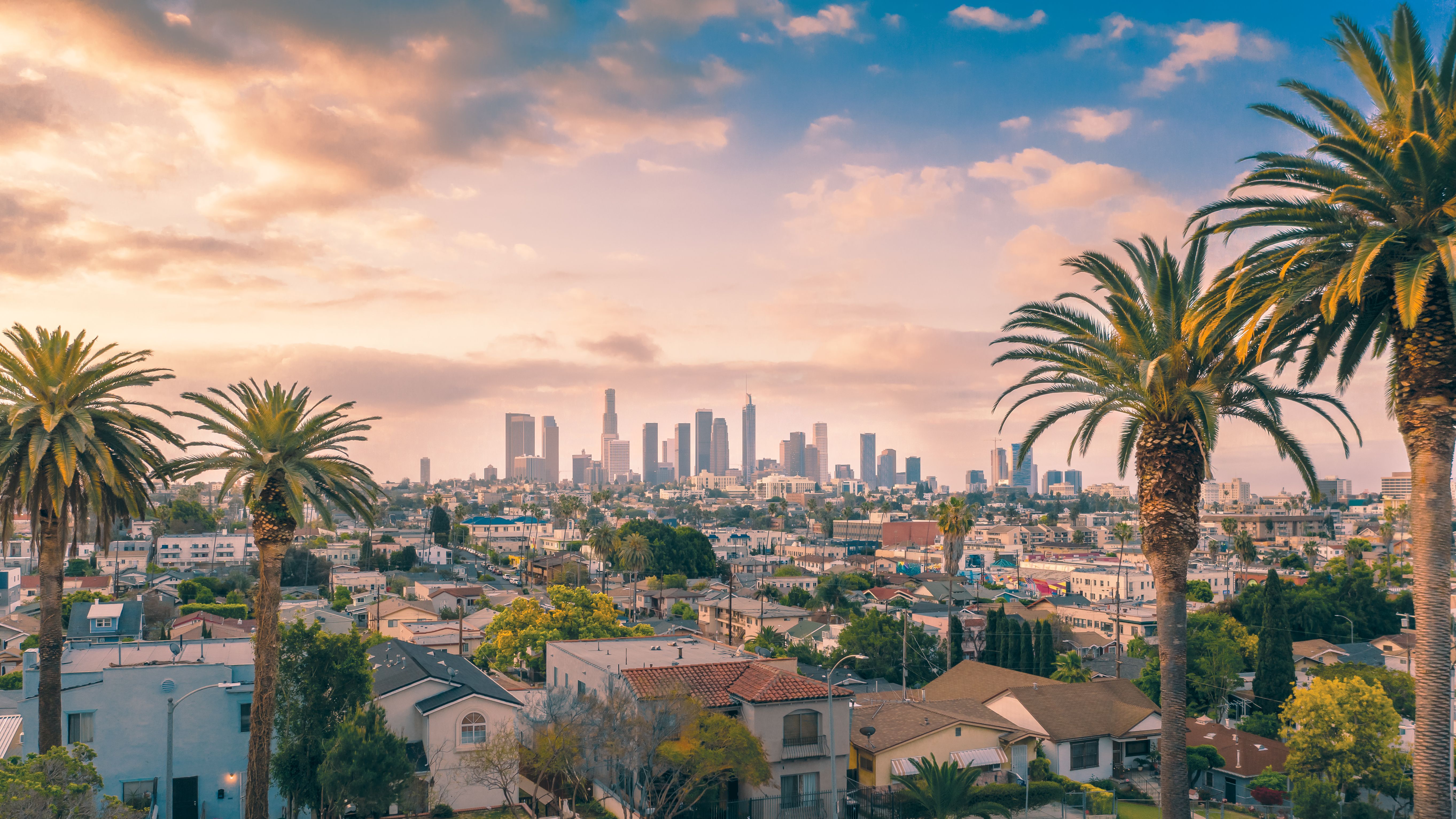 The Los Angeles cityscape with palm trees and buildings amid a hazy sunset/sunrise sky