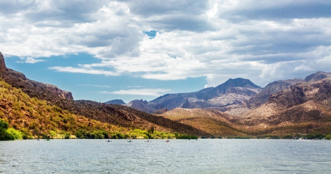 Mountain range in the Tonto National Forest and Canyon Lake in Apache Junction, Arizona